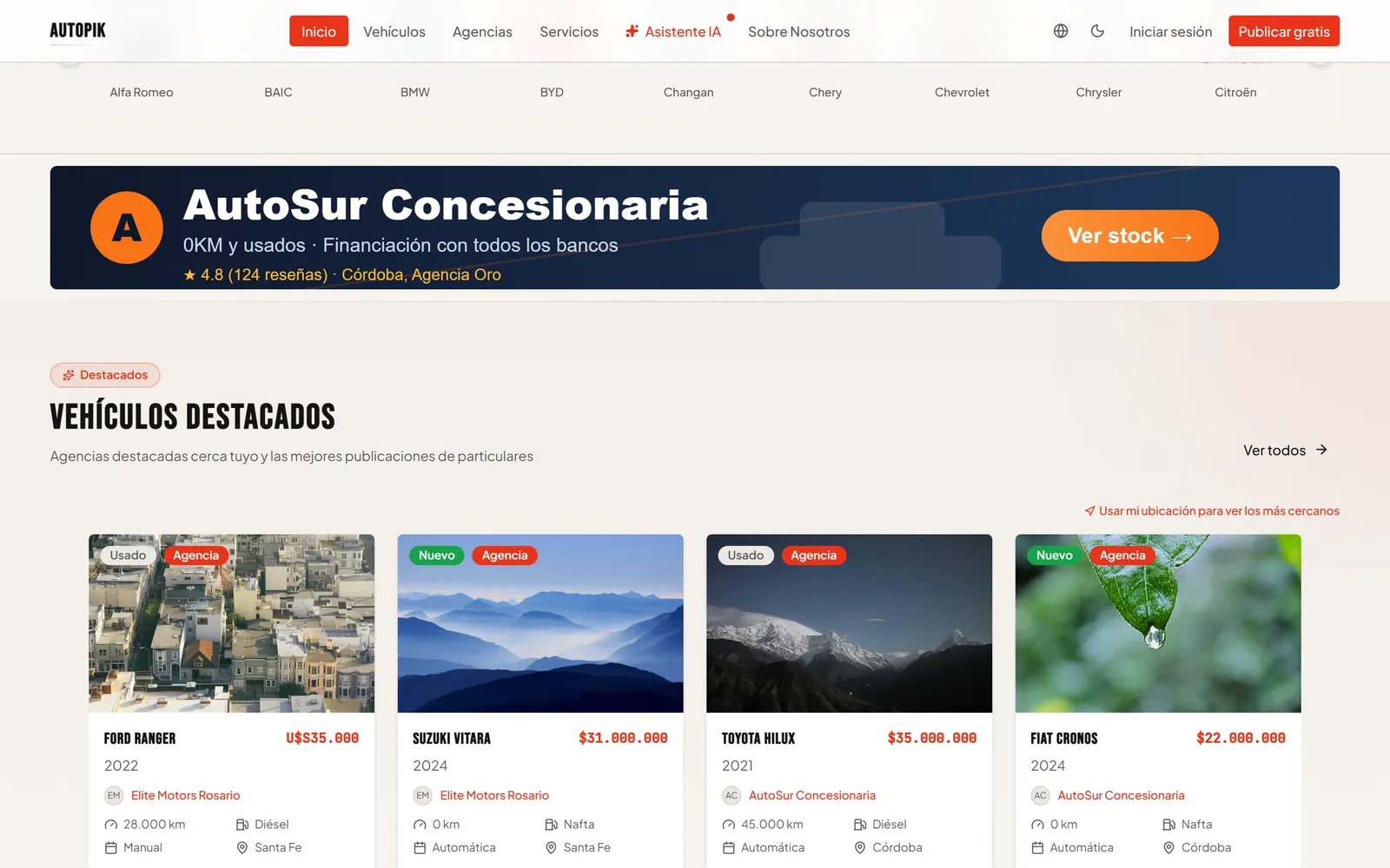 Home de Autopik con el buscador por marca y provincia y vehículos destacados