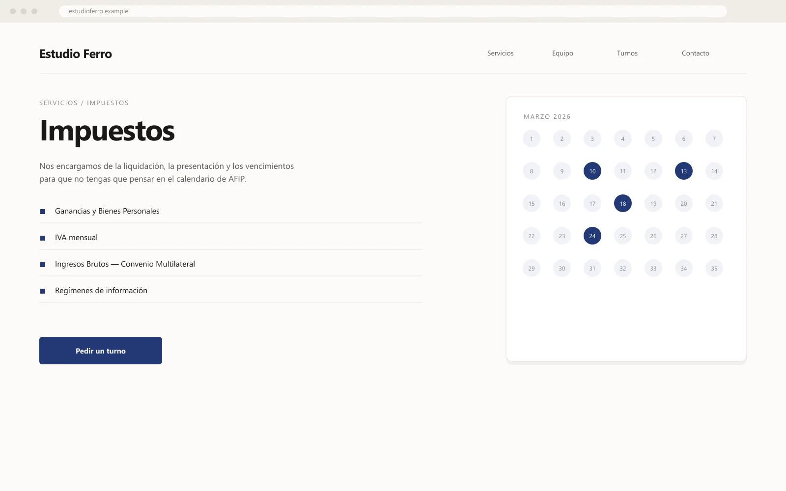 Mockup del detalle de un servicio de Estudio Ferro