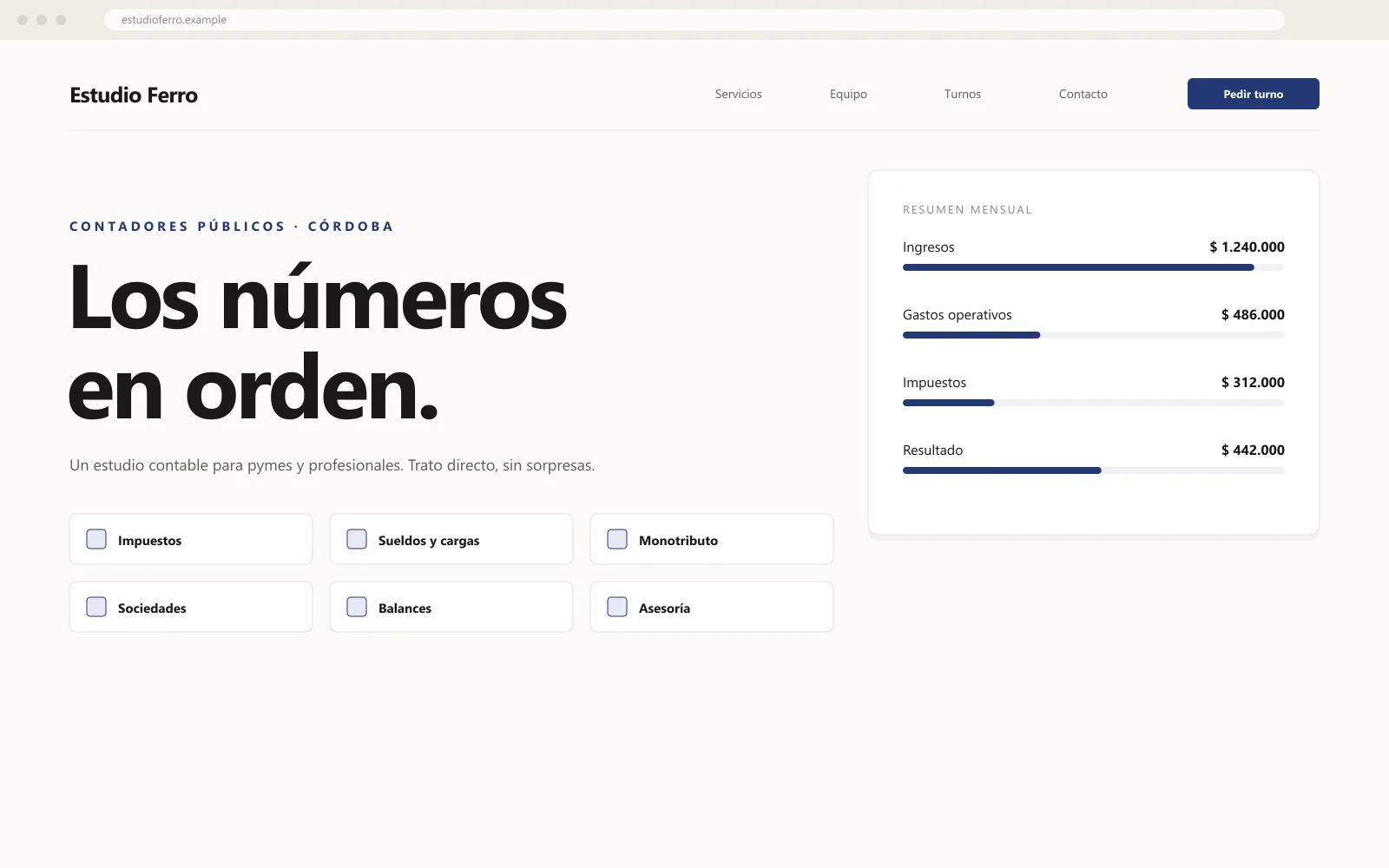 Mockup de la home del concepto Estudio Ferro, un estudio contable