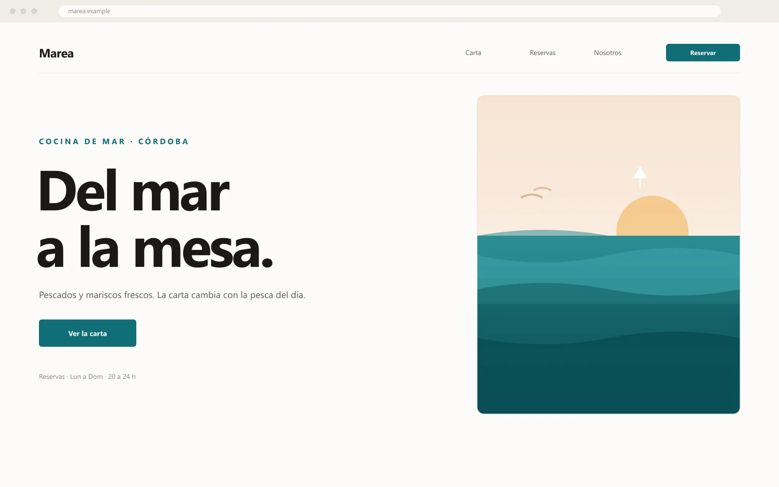 Mockup de la home del concepto Marea, un restaurante de mar