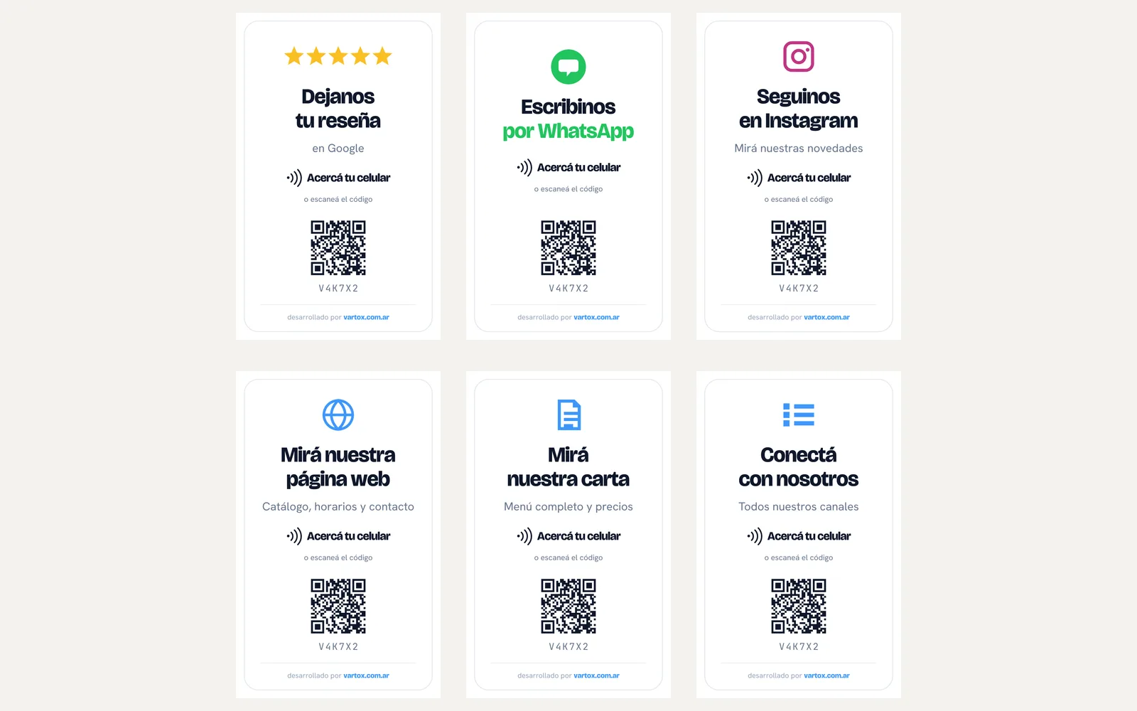 Los seis diseños de soporte que genera el sistema, cada uno con su QR