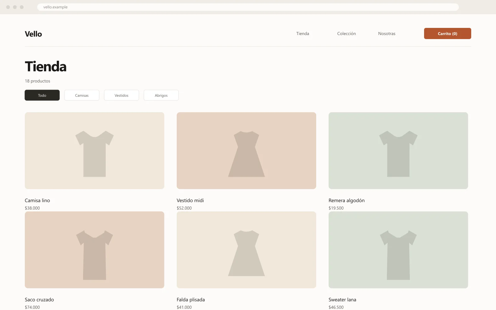 Mockup del catálogo de Vello con la grilla de productos